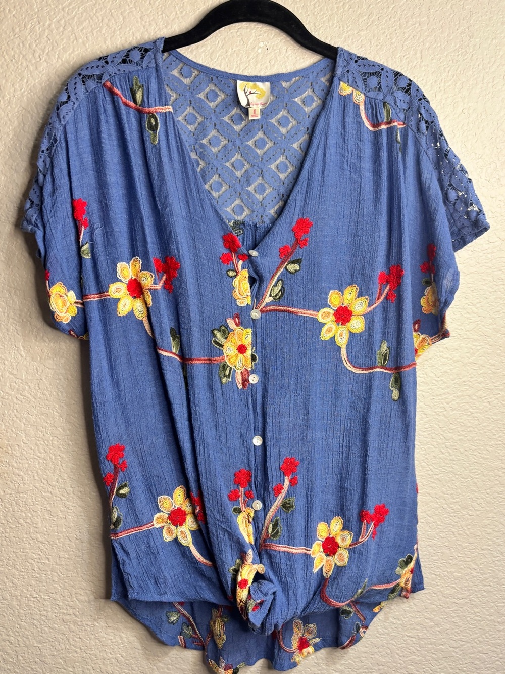 fig and flower embroidered Royal Blue Floral Button-Front Tie Top - Picture 3 of 5